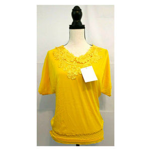 Top Blouse XL 10 12 Dolman Peasant Lace Yellow